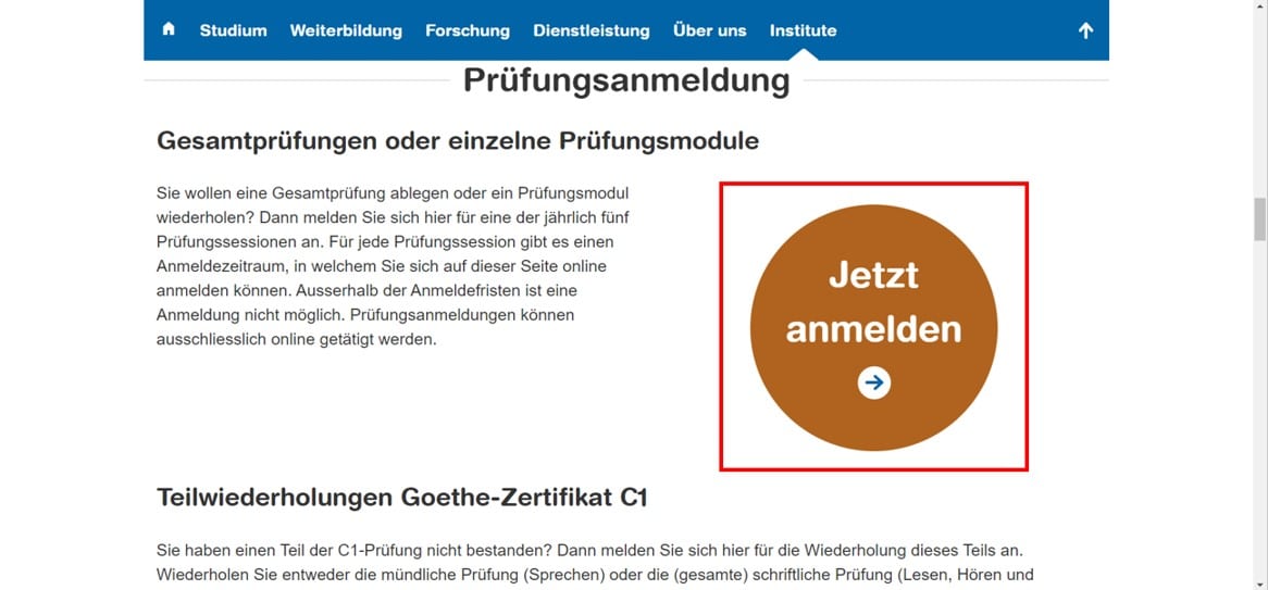 The ZHAW Goethe exam registration website