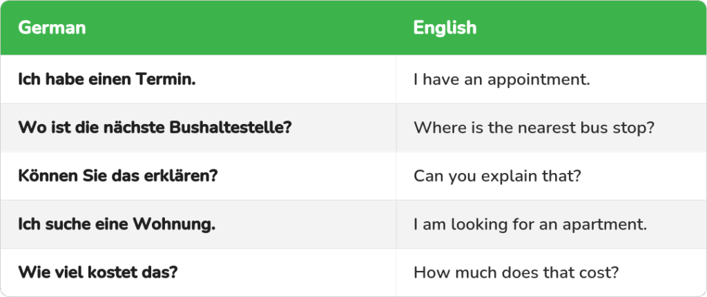 Table of German phrases for settling in, with English translations, including Ich habe einen Termin and Wo ist die nächste Bushaltestelle?