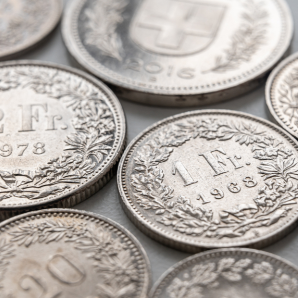 Close-up of Swiss coins from different years
