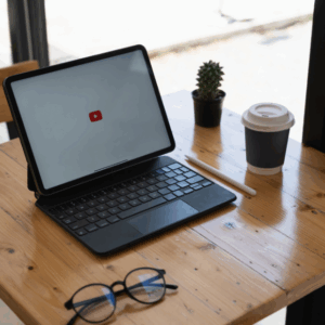 Tablet with keyboard on café table, coffee nearby.