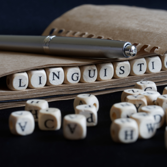 Linguistics spelled with letter dice and pen.