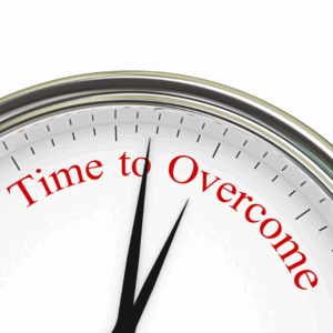 Clock face with 'Time to Overcome' text.