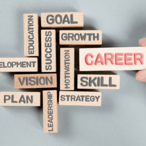 Career development blocks: goal, vision, skill, growth.