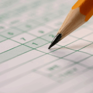 Pencil on multiple-choice answer sheet.