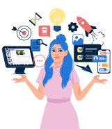Woman juggling digital tasks and productivity icons