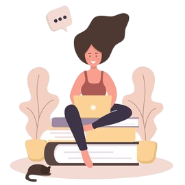 Happy woman working on laptop sitting on books