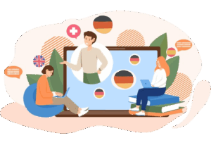 People learning languages with flags and laptops.